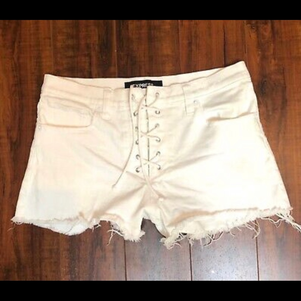 EXPRESS White Bodice Corset Tie Frayed "SHORTIE VINTAGE MID RISE" Shorts sz 00